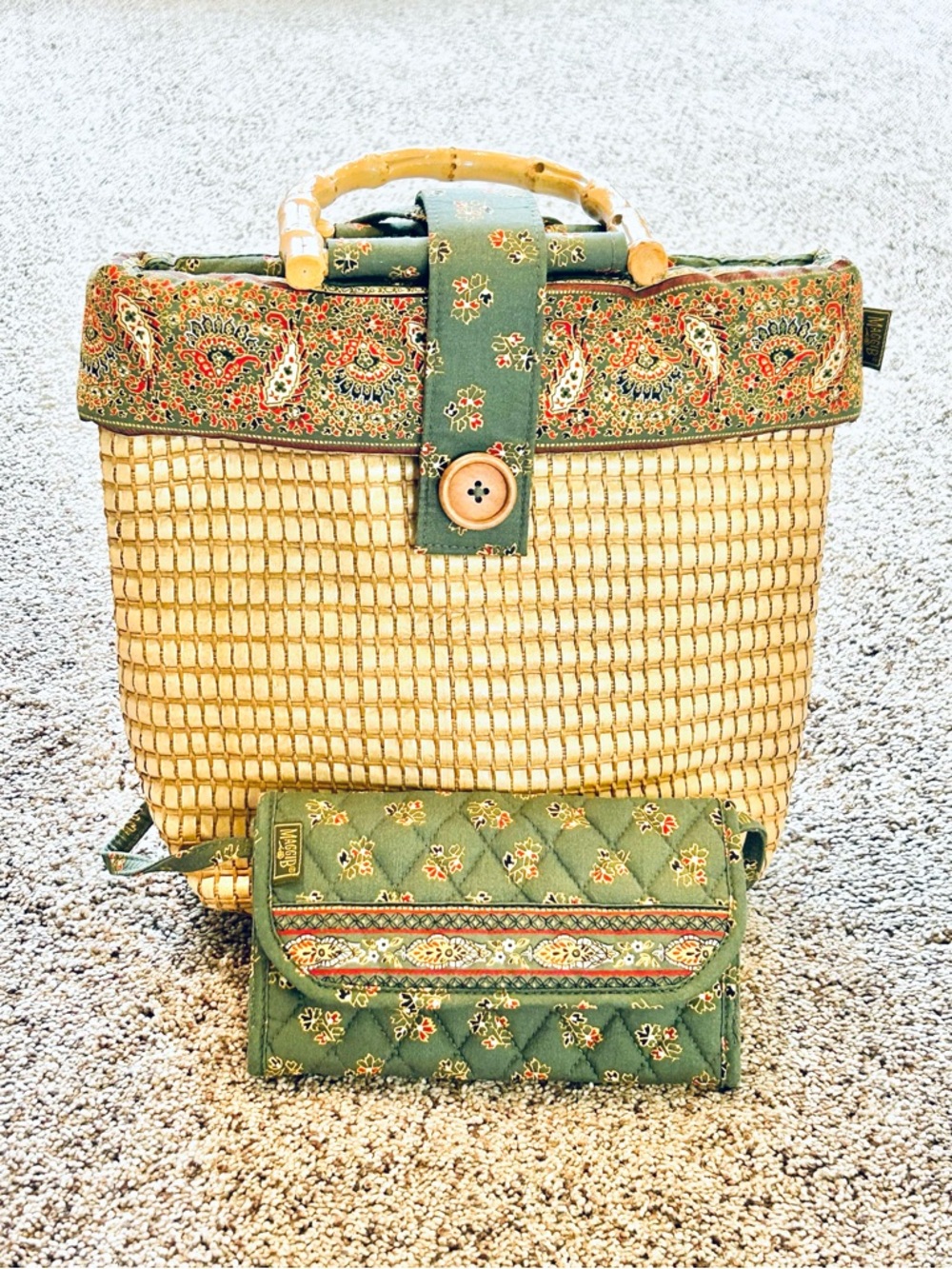 MaggiB Woven Handbag & Crossbody Wallet SET Cotton Paisley Floral Lining